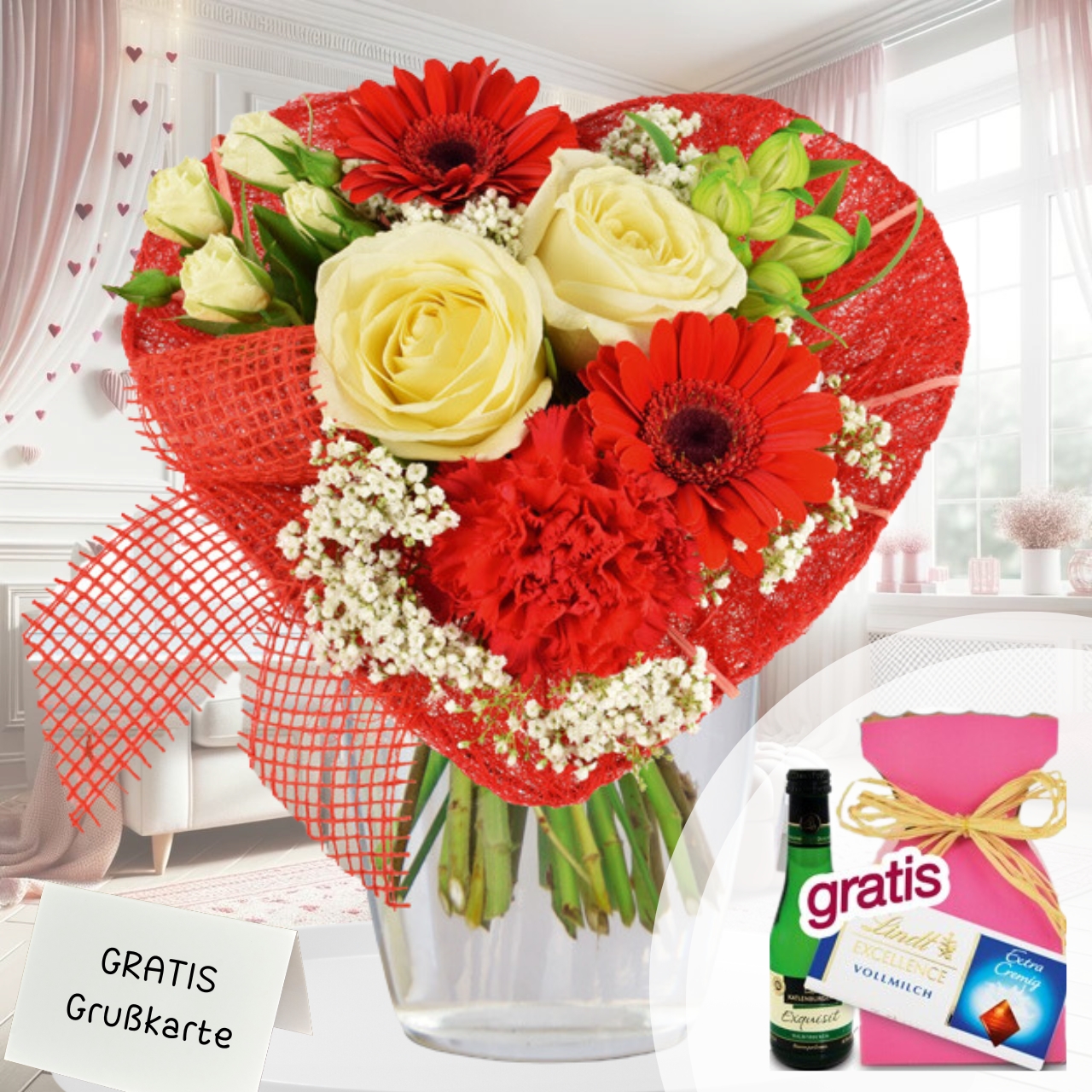 Herzförmiger Blumenstrauss in Rot-Weiss zum Muttertag verschicken