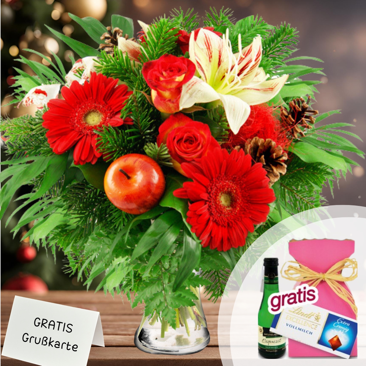 Herrliches Blumenarrangement aus Amaryllis Rosen und Gerberas