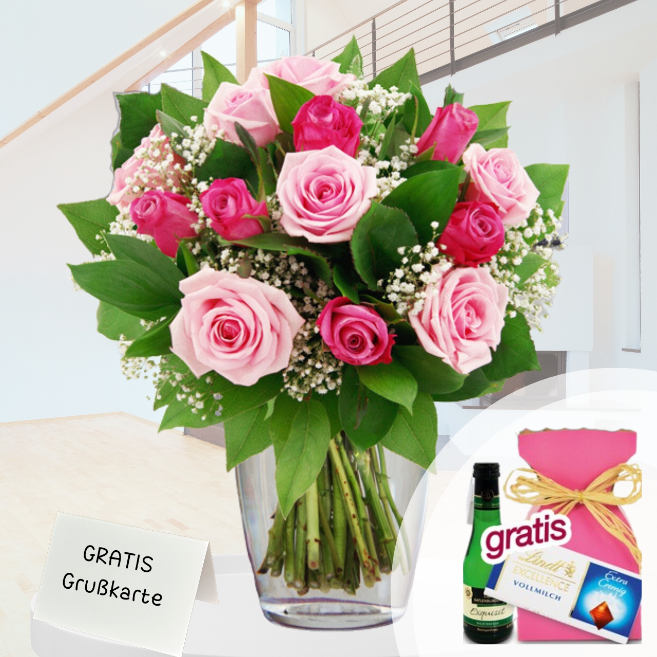 13 Rosen in rosa / pink bestellen romantische Einladung